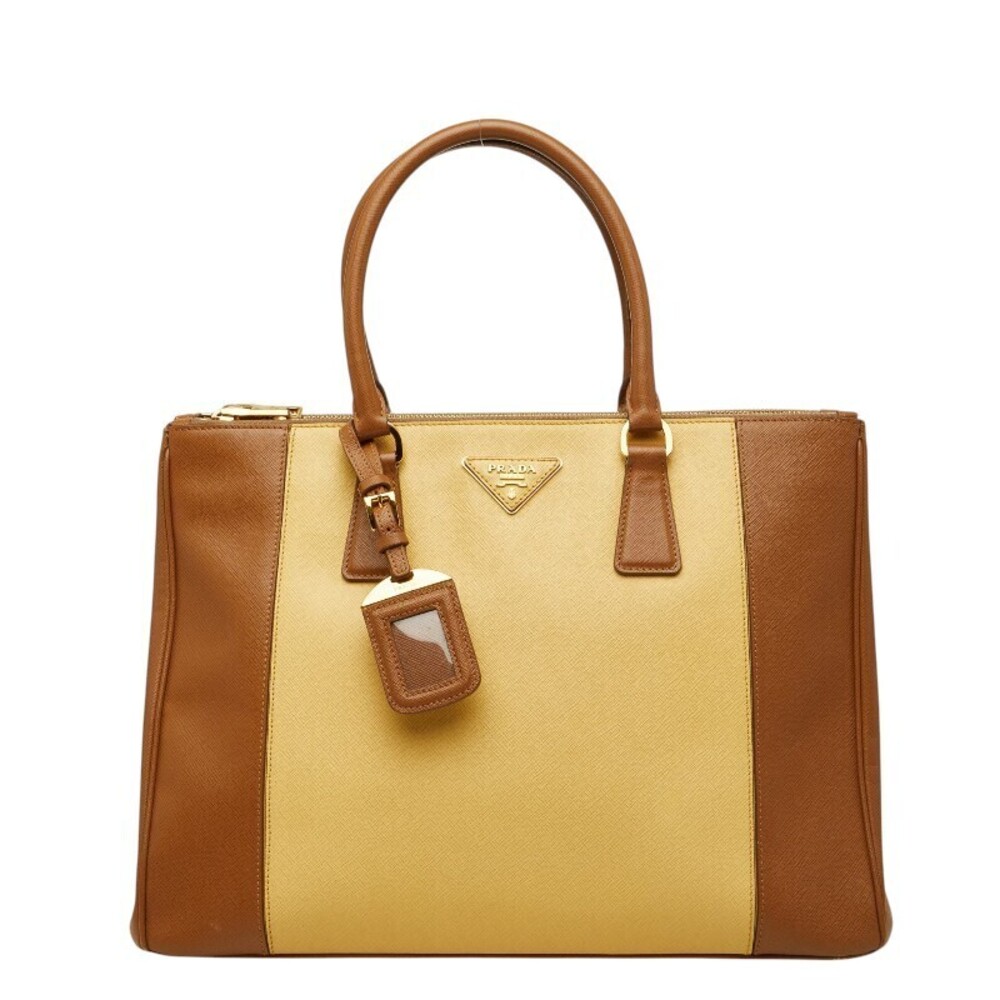 Prada Galleria Triangle Plate Handbag Tote Bag Brown Yellow Saffiano Leather